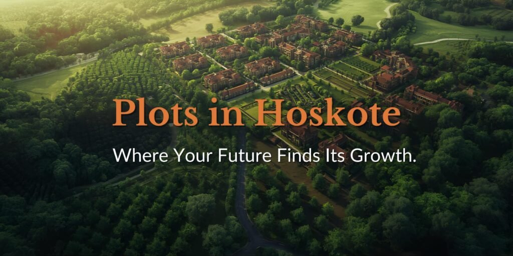 Aerial view of a lush green residential development in Hoskote with the text Plots in Hoskote: Where Your Future Finds Its Growth.